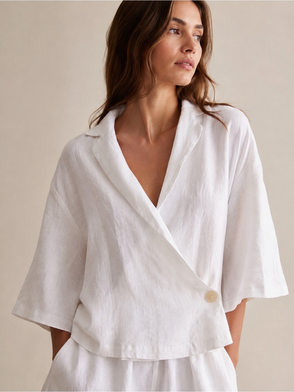 Deiji Studios Washed Linen Pure White Wrap Blouse Boxy Relaxed Fit Lagenlook